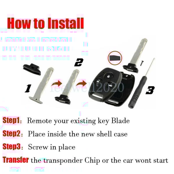 Replacement 3 Button Key Case Shell for Honda Accord CRV 2003 - 2012 Remote Fob
