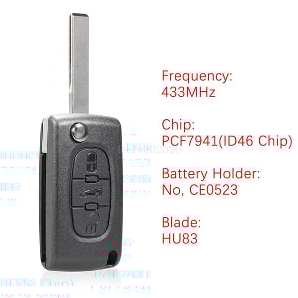 For Peugeot 207 307 308 407 607 Citroen CE0523 3 Button 433Mhz Remote Key Fob