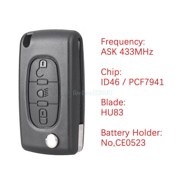 For Peugeot Partner 807 207 307 308 407 ID46 Chip Remote Key Fob 3 Button 433MHz