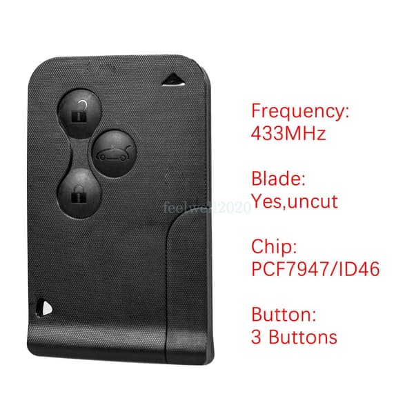 433MHz 3 Button Key Card Fob For Renault Clio 2006 2007 2008 2009 2010 2011 2012