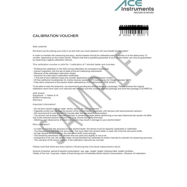 ACE 100082 Kalibrerings-certifikat