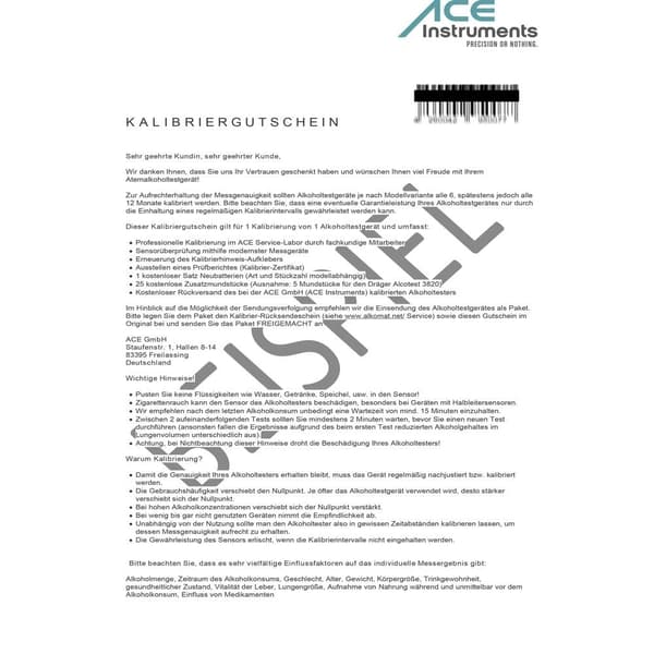 ACE 100082 Kalibrerings-certifikat