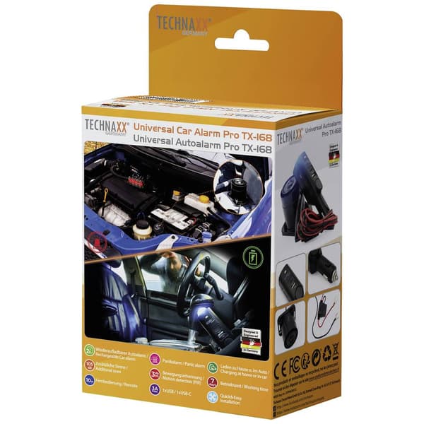 Technaxx TX-168 Bil-larmsystem Inkl. fjärrkontroll, Interiörövervakning, Integrerad LED (blinkande), Integerat batteri,