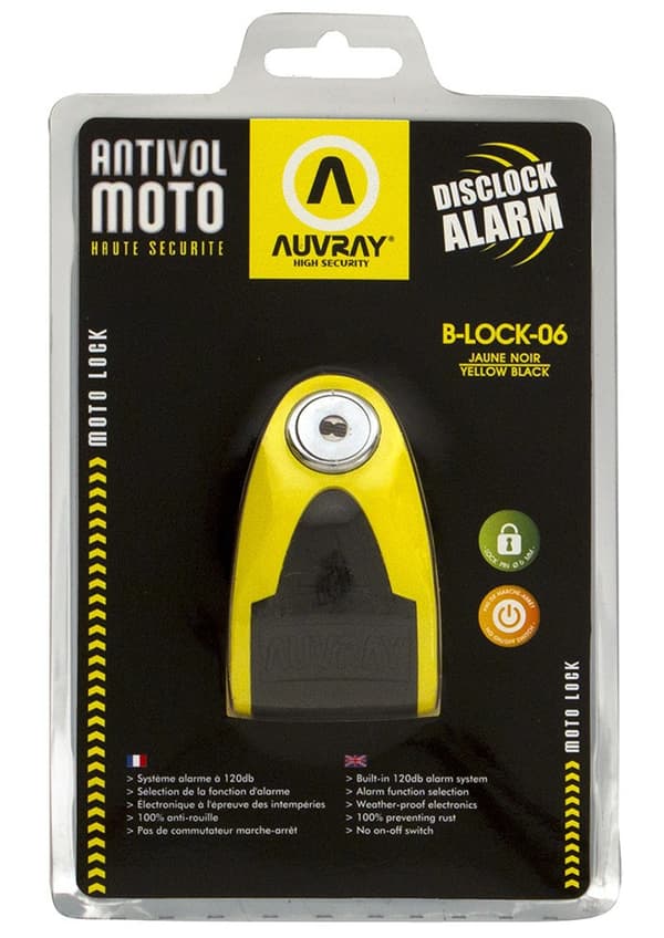 AUVRAY levylukko hälyttimellä B-LOCK 06 - keltainen ja musta, tapin halkaisija 6mm
