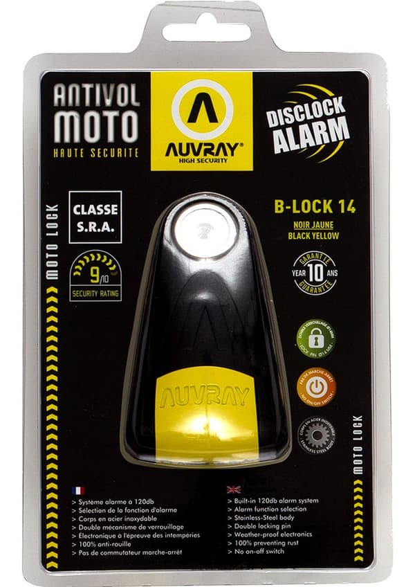 AUVRAY levylukko hälyttimellä B-LOCK 14 - musta/keltainen, tapin halkaisija 14mm (S.R.A. ja ART-luokka)