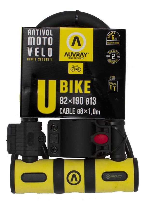 AUVRAY U-LOCK U-BIKE lukko 82 x 150mm, kahvalla ja johdolla 100 cm, halkaisija 8mm