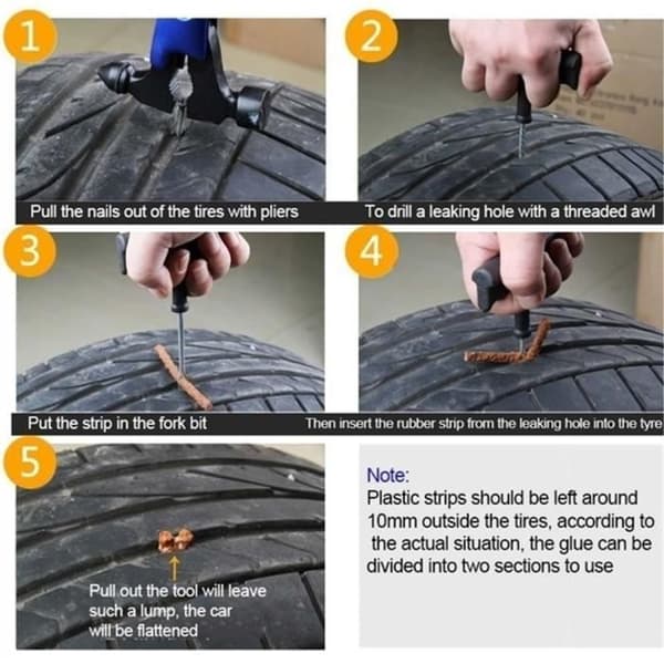 1000 bil-/motorcykeldäckreparationssatser Slanglösa pluggar reparationstillbehör + 10 gummicementbitar