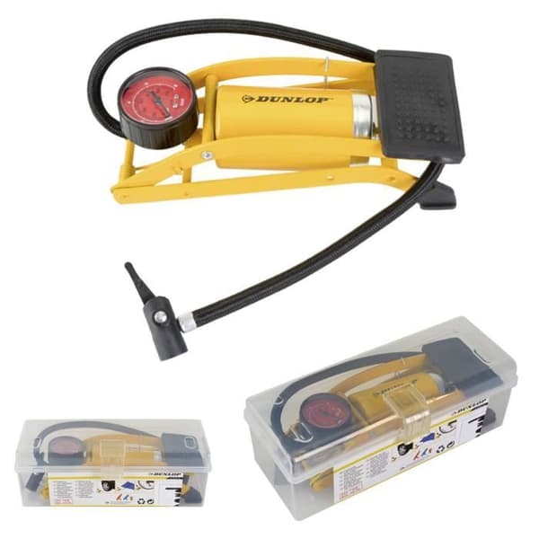 Fotpump - Dunlop - Universal - Tryckmätare - 4 ventilkåpor - Gul och Svart