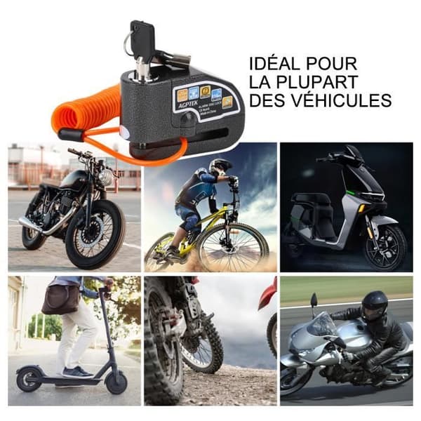 AGPTEK Stöldskyddsmotorcykellarmsats, 110dB skivlås + 1,5 m Stöldskyddskabelfjädersäkerhet + 2 nycklar och blockväska, för motorcykel/cykel