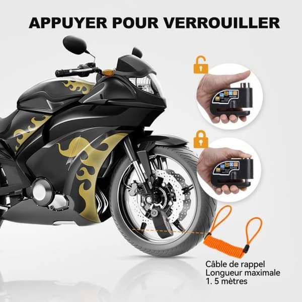 AGPTEK Stöldskyddsmotorcykellarmsats, 110dB skivlås + 1,5 m Stöldskyddskabelfjädersäkerhet + 2 nycklar och blockväska, för motorcykel/cykel