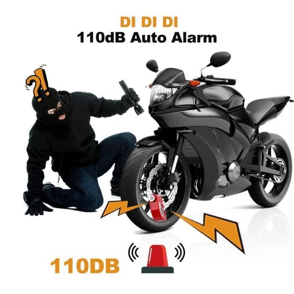 AGPTEK Stöldskyddsmotorcykellarmsats, 110dB skivlås + 1,5 m Stöldskyddskabelfjädersäkerhet + 2 nycklar och blockväska, för motorcykel/cykel