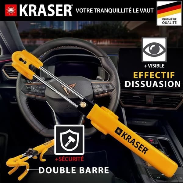 KRASER KR842Y Antivol Bil Dubbelstav Sperra Ratt Mer Robust och Avskräckande Krokar Skydd Mot Repor Antivol Block