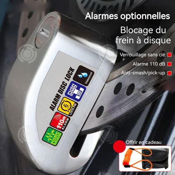 INN Blocker för skivbroms 110db i aluminiumlegering med dragkabel och 2 uppsättningar av SRA-godkända motorcykelstöldskyddsbatterier.