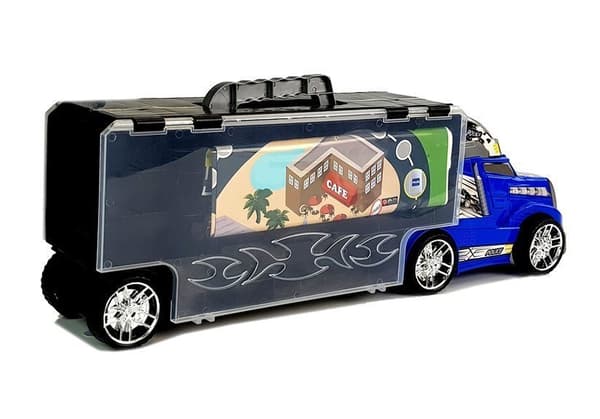 Truck with cars. Police. Garage. Suitcase. Game board