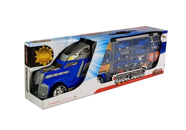 Truck with cars. Police. Garage. Suitcase. Game board