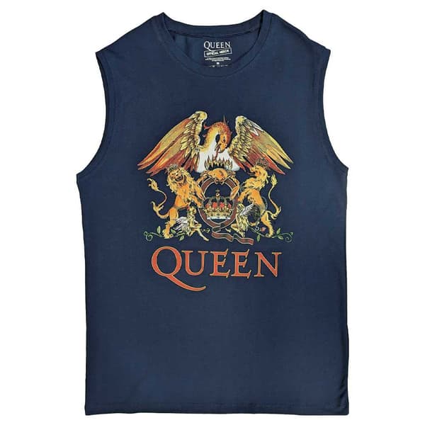 Queen Tank Top Muscle T Shirt Classic Crest Band Logo Official Unisex Navy Blue L