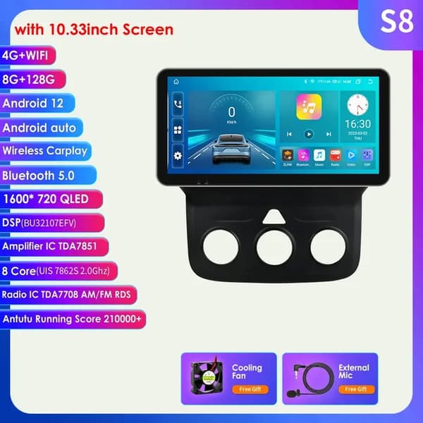 Android bilradio, multimedie videospiller, GPS navigation, 10,33 tommer S8