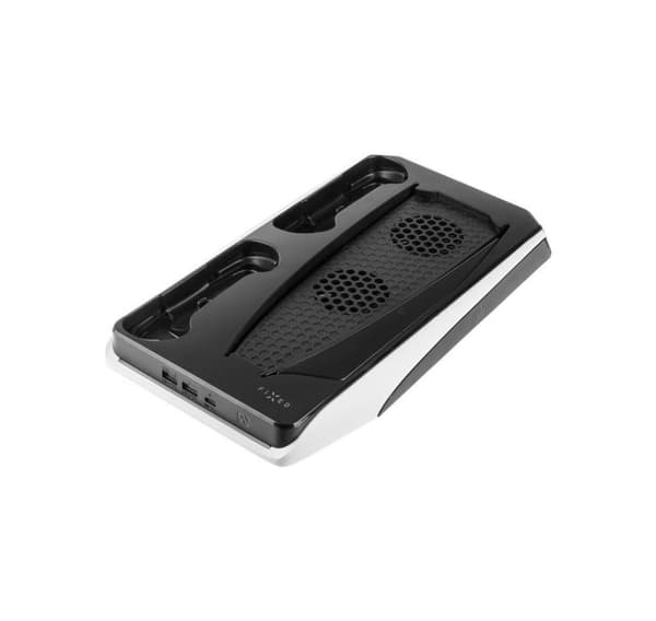Fast, multifunksjonell stasjon for PlayStation 5 med kjøling og lading for to DualSense-kontrollere, FIXPS5-MCS-BW