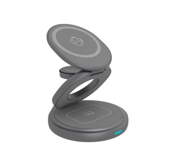 Raidsonic, 3 in 1 taitettava magneettinen latausteline matkapuhelimelle, nappikuulokkeille ja älykellolle, alumiinia, Icy Box IB-SH101-CH