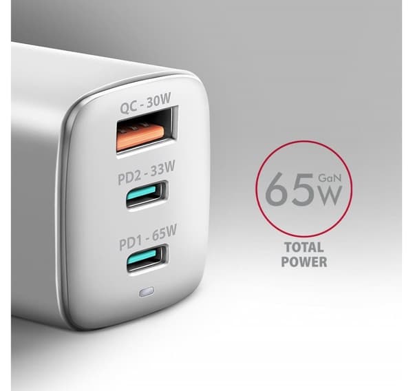 AXAGON, GaN vegglader 3x port (USB-A + 2x USB-C), PD3.0/PPS/QC4+/SFC2.0/AFC/SCP/FCP/Apple, 65W, ACU-DPQ65W