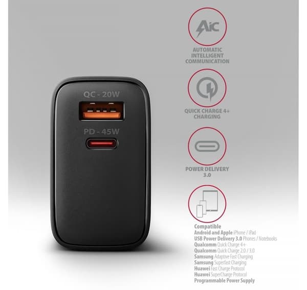 AXAGON, GaN-seinälaturi 2x portti (USB-A + USB-C), PD3.0/PPS/QC4+/SFC2.0/AFC/SCP/FCP/Apple, 45W, ACU-PQ45