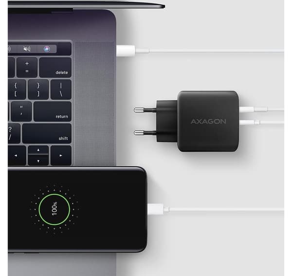 AXAGON, GaN-seinälaturi 2x portti (USB-A + USB-C), PD3.0/PPS/QC4+/SFC2.0/AFC/SCP/FCP/Apple, 45W, ACU-PQ45