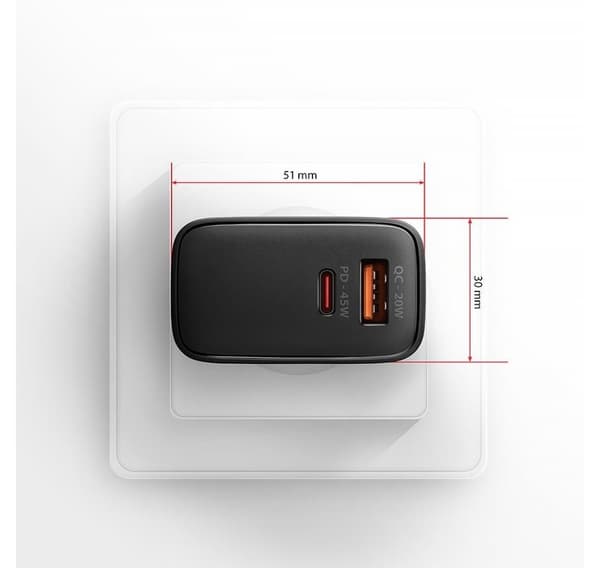 AXAGON, GaN-seinälaturi 2x portti (USB-A + USB-C), PD3.0/PPS/QC4+/SFC2.0/AFC/SCP/FCP/Apple, 45W, ACU-PQ45
