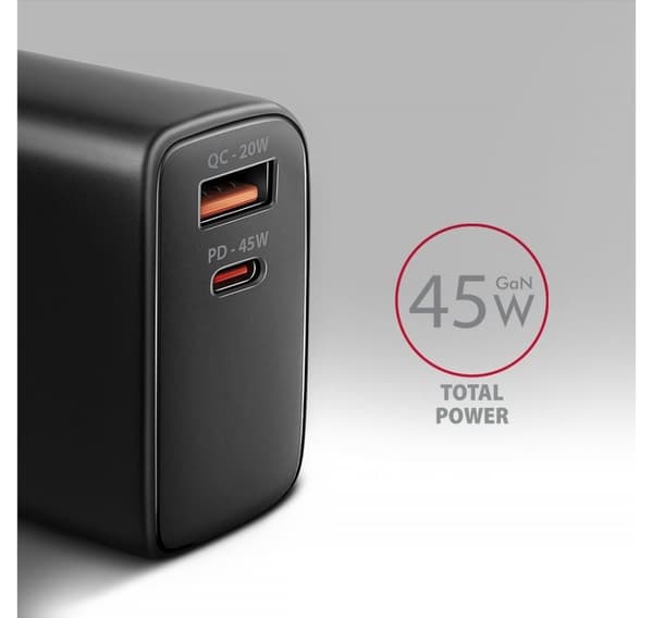 AXAGON, GaN-seinälaturi 2x portti (USB-A + USB-C), PD3.0/PPS/QC4+/SFC2.0/AFC/SCP/FCP/Apple, 45W, ACU-PQ45