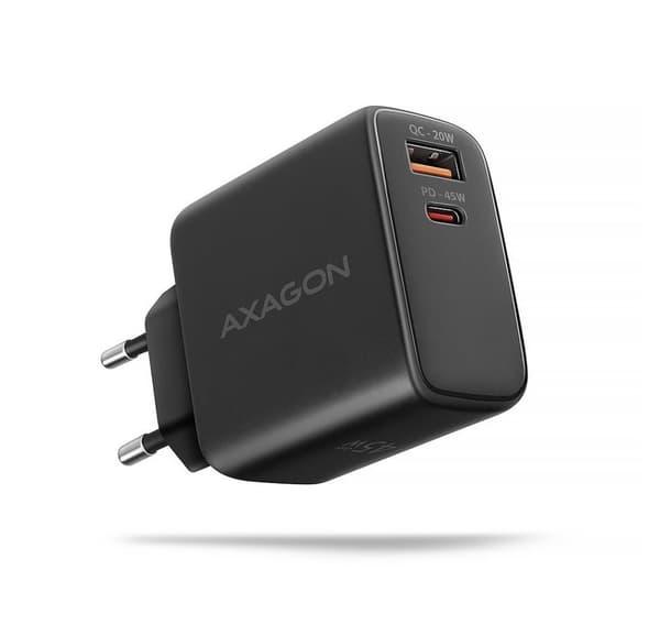 AXAGON, GaN-seinälaturi 2x portti (USB-A + USB-C), PD3.0/PPS/QC4+/SFC2.0/AFC/SCP/FCP/Apple, 45W, ACU-PQ45 musta