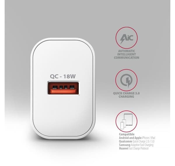AXAGON, Vægoplader 1x port USB-A, QC3.0/AFC/FCP/Apple, 18W, ACU-QC18W