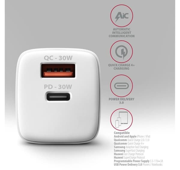 AXAGON, Vegglader 2x port (USB-A+USB-C), 30W, ACU-PQ30W