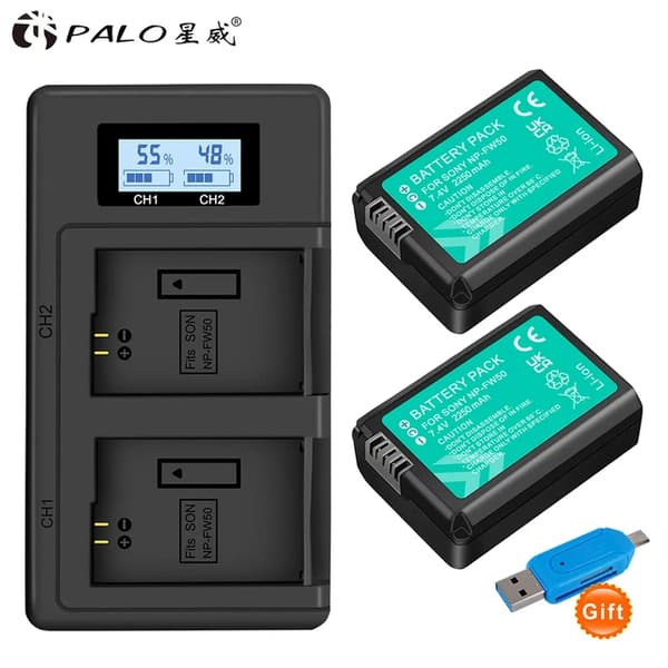 Sony NP-FW50 batteriskift, kompatibel med Sony Alpha 7, A7R, A3000, A5000, A6000, NEX-5N, NEX-5C og A55., 2 batteri og oplader