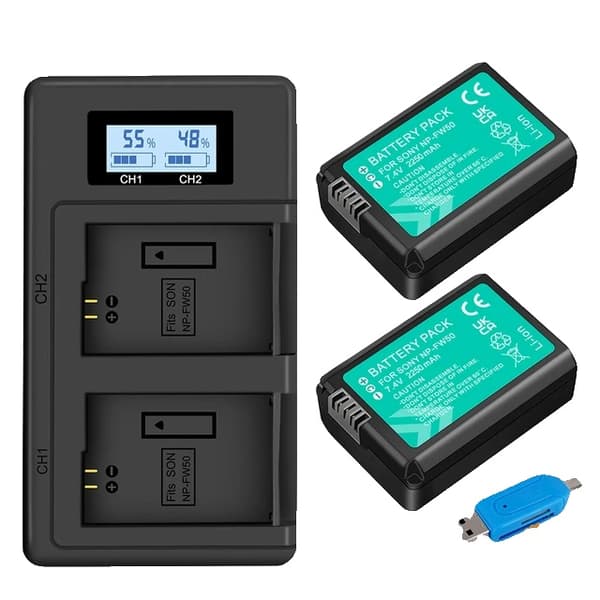 Sony NP-FW50 batteriskift, kompatibel med Sony Alpha 7, A7R, A3000, A5000, A6000, NEX-5N, NEX-5C og A55., 2 batteri og oplader