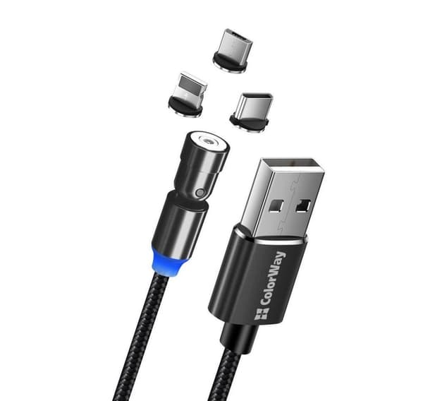 ColorWay, Kabel 3i1 (Lightning+MicroUSB+Type-C) Magnetisk rotation 540° 2,4A, 1m, CW-CBUU037-BK
