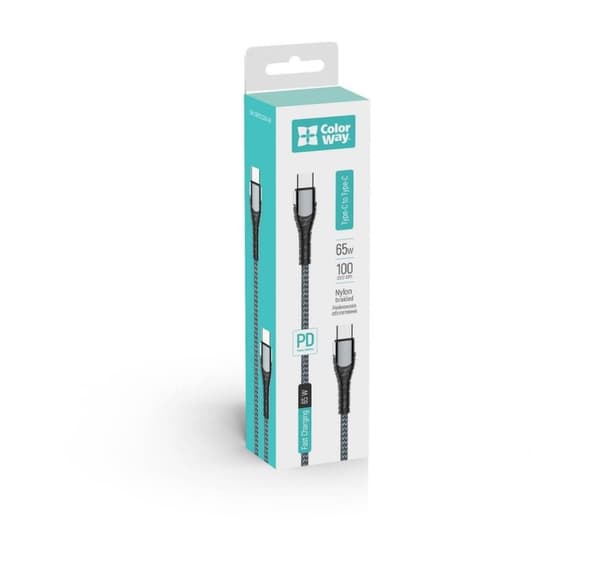 ColorWay, Kaapeli Type-C - Type-C (PD Fast Charging 65W) 3,0А, 1m, CW-CBPDCC040-GR