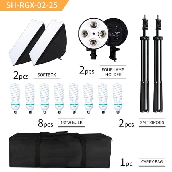 Foto Studio Softbox Ljus Kit, Fyra Lampfästen, Kontinuerligt Ljussystem, 2-delad Softbox-stativ