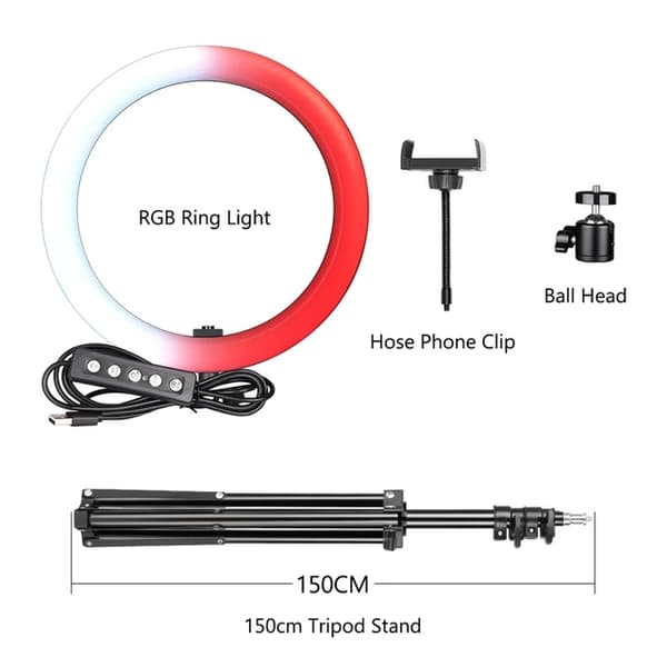 LED Ring Light, 15 farve dæmpbar, stativ, 100cm stativ 12 tommer