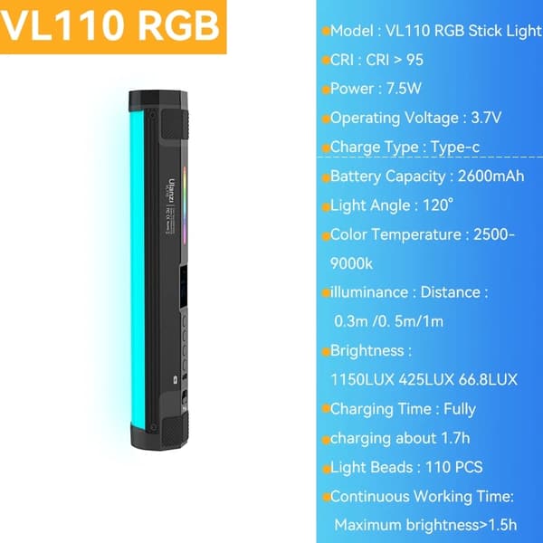VL110 RGB-tikkavalaisin, 2500K-9000K värilämpötila, korkea kirkkaus 1150LUX Kolmijalkasarja