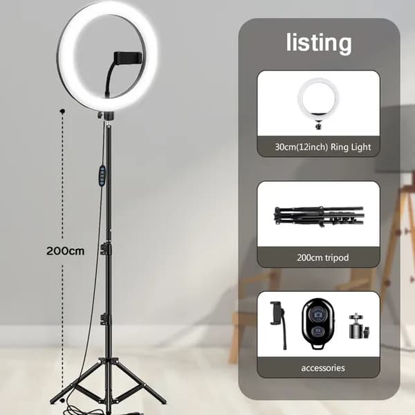 LED Selfie Ring Light, Dæmpbar Lampe, Telefonstativ Tripod, 12 tommer ring BK200cm