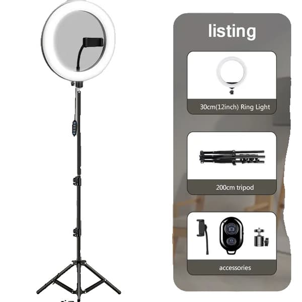 LED Selfie Ring Light, Dæmpbar Lampe, Telefonstativ Tripod, 12 tommer ring BK200cm