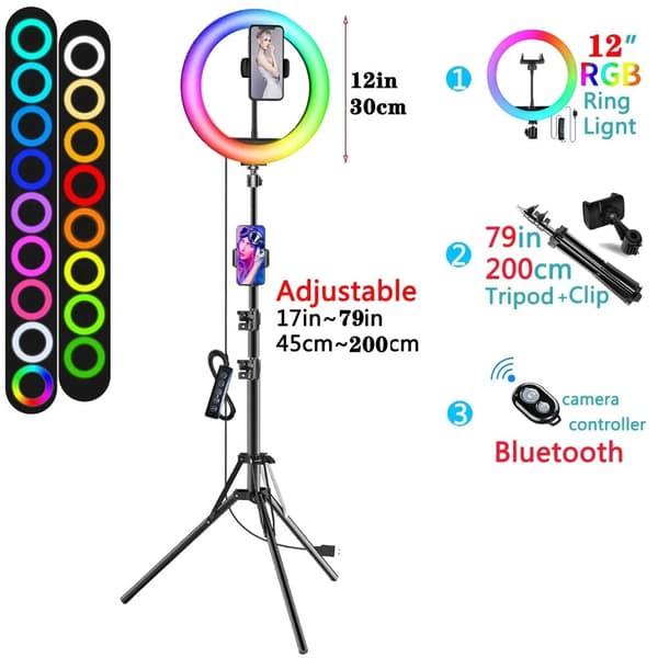 Selfie Ring Light, RGB-väriasetukset, puhelintelineen pidike, 12 tuuman RGB-tyyppi 9