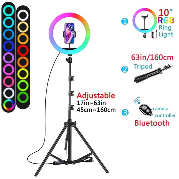 Selfie Ring Light, RGB Farveindstillinger, Telefonholder Stand, 10 tommer RGB Type 2