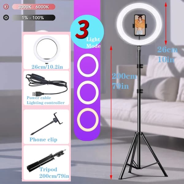 LED Selfie Ring Light, Dæmpbar, Stativ, 10 tommer 200 cm stativ