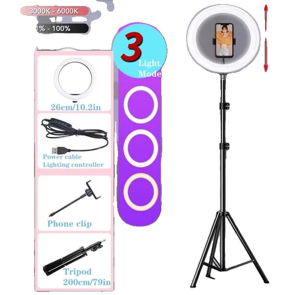 LED Selfie -rengasvalo, himmennettävä, jalusta, 10 tuuman 200 senttimetrin jalusta