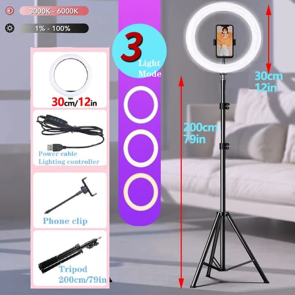 LED Selfie Ring Light, Dæmpbar, Stativ, 12in 200cm stativ