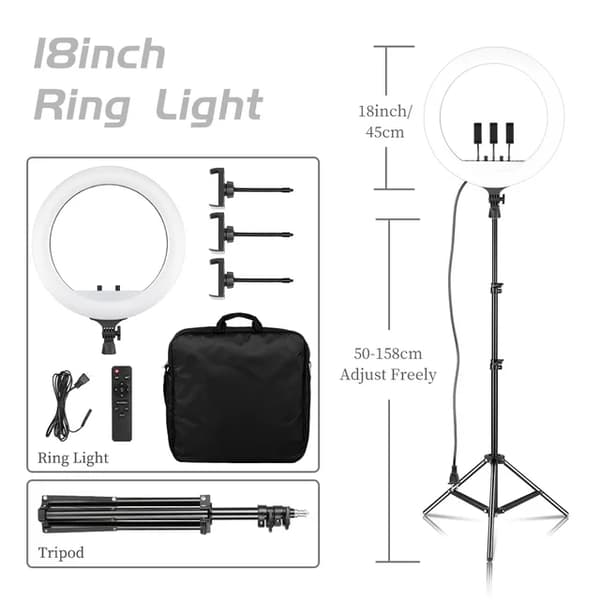 Ringlys, 18 tommer i diameter, justerbart stativ, 150cm Tripod Model E