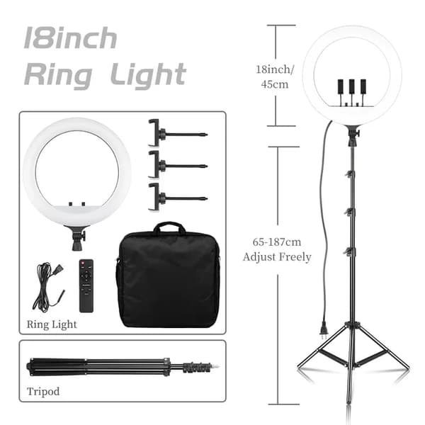 Ringlys, 18 tommer i diameter, justerbart stativ, 200cm Tripod Model E
