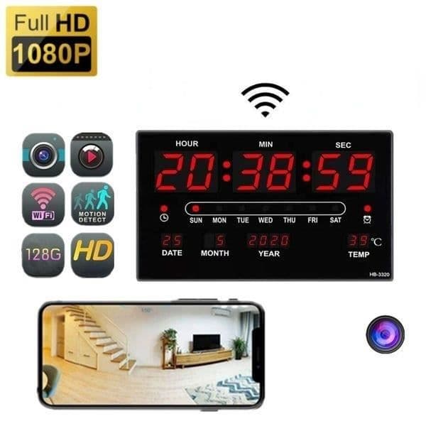 Wifi spionkamera kalenderklocka Full HD 1080P P2P och termometer - Svart