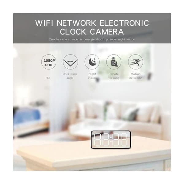 Väckarklocka spionkamera Full HD 1080P Wifi IP nattseende - Svart - Stora siffror - Litiumjonbatteri