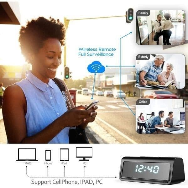 Full HD 4K Wifi IR spionkamera väckarklocka med rörelsedetektor * Internt batteri: litiumjon * Batteritid: Flera dagar *